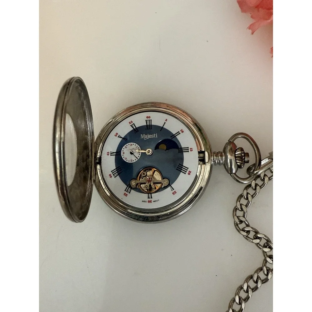 2002 Majesti Pocket‎ Watch with Inscription In Back As is Chain Silver Tone Blue
